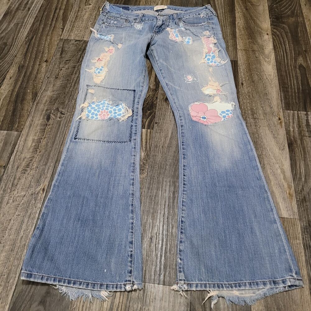 Y2K Abercrombie Floral Patchwork Flare Jeans 2000s Distressed Size 6